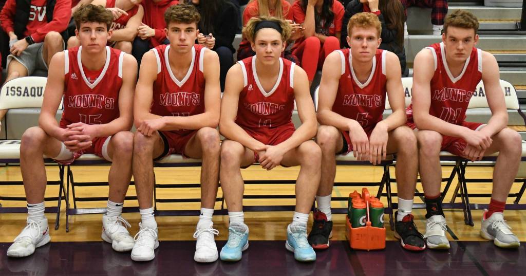 From left, Mount Sis starting lineup against Issaquah: Quin Patterson, Tyler Patterson, Bennett OConnor, Jabe Mullins and Jack Williams. Courtesy of Calder Productions