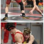 Mount Si wrestlers, top right, Tryon Kaess and Mark Marum, bottom right, compete in 4A KingCo matches this season. Photos courtesy of Calder Productions