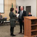 King County Councilmember Kathy Lambert swears in new North Bend Mayor Rob McFarland at the Jan. 7, 2020 North Bend city council meeting. Natalie DeFord/staff photo