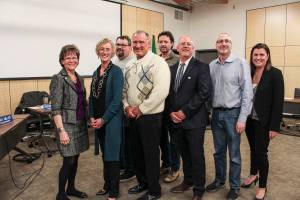 North Bend swore in its new mayor and new council members at its Jan. 7, 2020 meeting. From left: King County Councilmember Kathy Lambert, North Bend council members Mary Miller, Chris Garcia, Ross Loudenback, Mayor Pro Tem Brenden Elwood, North Bend Mayor Rob McFarland, council members Alan Gothelf and Heather Koellen.