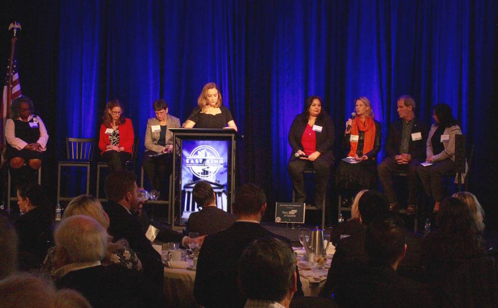 Blake Peterson/staff photo                                From left, Debra Entenman, Tana Senn, Lisa Callan, Brandi Kruse, Manka Dhingra, Patty Kurderer, Roger Goodman and My-Linh Thai at the event.