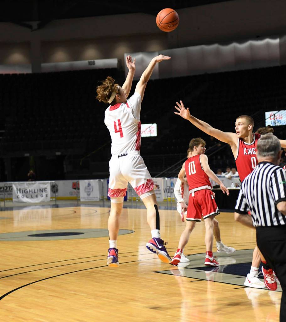 Mount Si guard Bennett OConnor makes a jump shot against the Kings Knights on Jan. 20. OConnor scored 20 points to lead the Wildcats to a 67-59 win over the Knights. Photo courtesy of Calder Productions