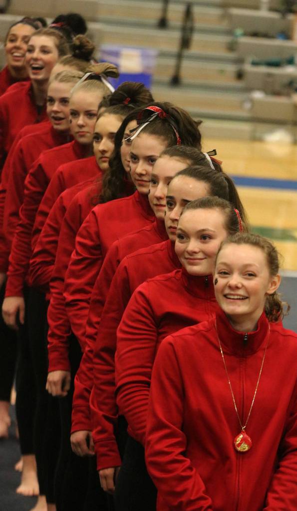 Mount Sis gymnasts line up before their meet against Skyline on Jan. 23. Andy Nystrom/ staff photo