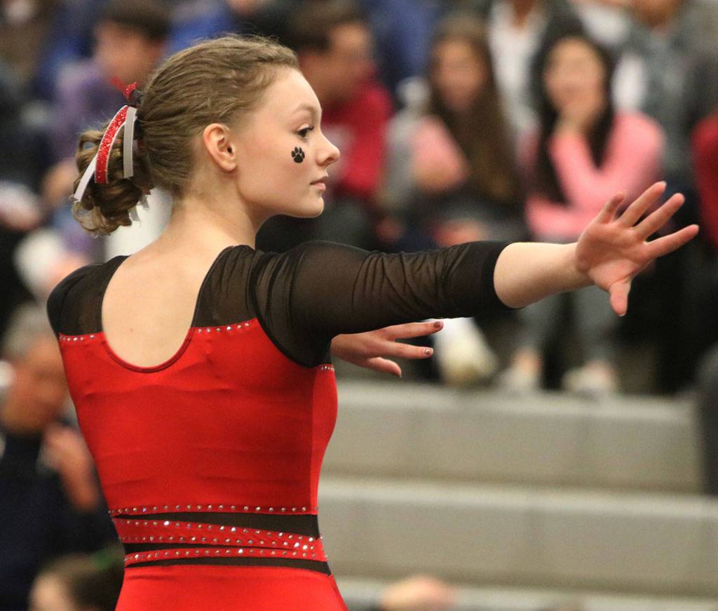 Mount Sis Tylor Zwiefelhofer competes on the floor exercise on Jan. 23 at Skyline High. The Wildcats beat the Spartans, 163-146. Andy Nystrom/ staff photo