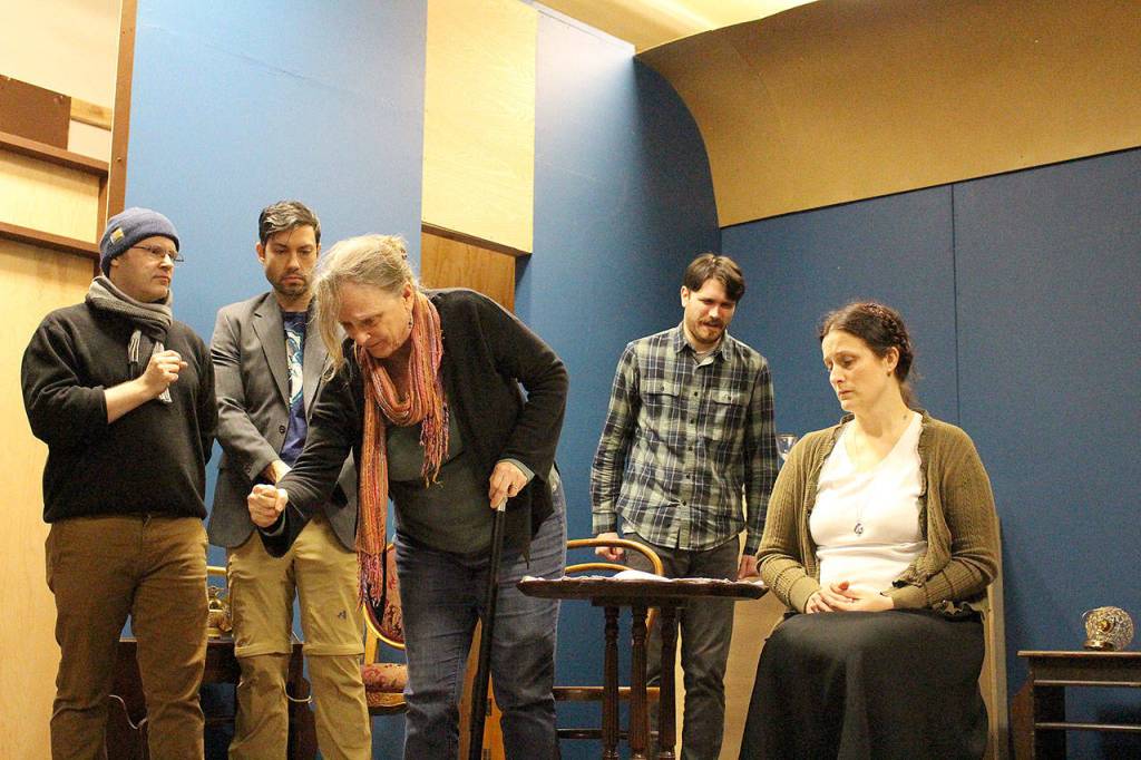 Michael Schmidt, Chris Clark, Becky Rappin, Ryan Hartwell and Margaret Zatloukal rehearse one of the final scenes in VCSs production of Murder on the Orient Express. Madison Miller/staff photo