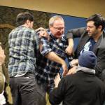 Margaret Zatloukal, Ryan Hartwell, Peter Cook, Michael Schmidt, and Chris Clark rehearse for VCSs production of Murder on the Orient Express. Madison Miller/staff photo