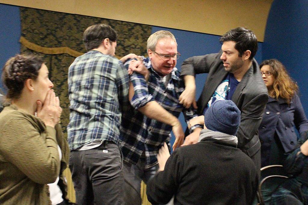 Margaret Zatloukal, Ryan Hartwell, Peter Cook, Michael Schmidt, and Chris Clark rehearse for VCSs production of Murder on the Orient Express. Madison Miller/staff photo