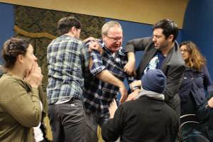 Margaret Zatloukal, Ryan Hartwell, Peter Cook, Michael Schmidt, and Chris Clark rehearse for VCSs production of Murder on the Orient Express. Madison Miller/staff photo
