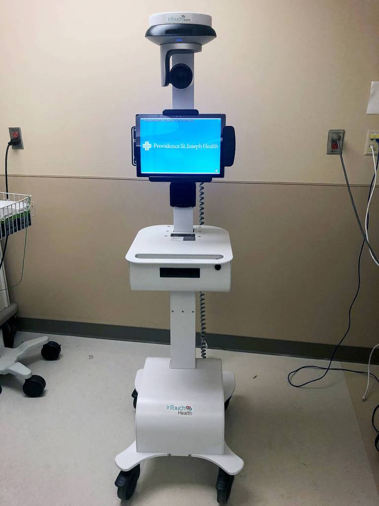 A robot helps treat the Snohomish County man in his 30s with coronavirus who since Monday has been in an isolated room at Providence Regional Medical Center Everett. Not shown is the robots stethoscope and microphone so the patient can talk with the doctor, who is not in the room. (Providence Regional Medical Center)