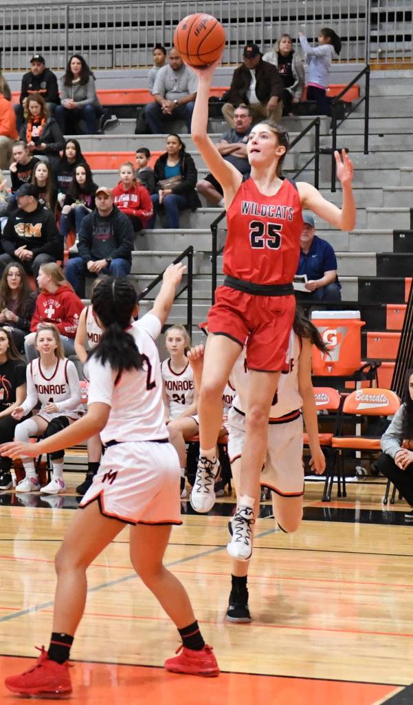Mount Si sophomore Lauren Glazier takes a shot during the Wildcats 55-44 victory over Monroe on Feb. 14. Photo courtesy of Calder Productions