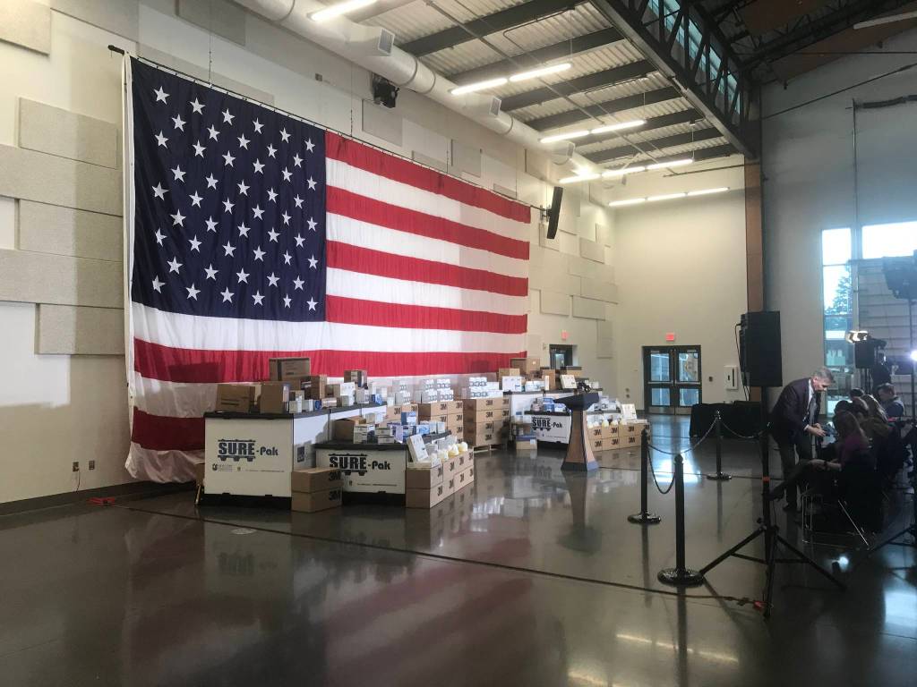 On display Thursday, March 5, at Camp Murray in Pierce County are some of the medical supplies brought to Washington by federal health officials, including face masks, respirators, gowns and other supplies. Photo by Cameron Sheppard/WNPA News Bureau
