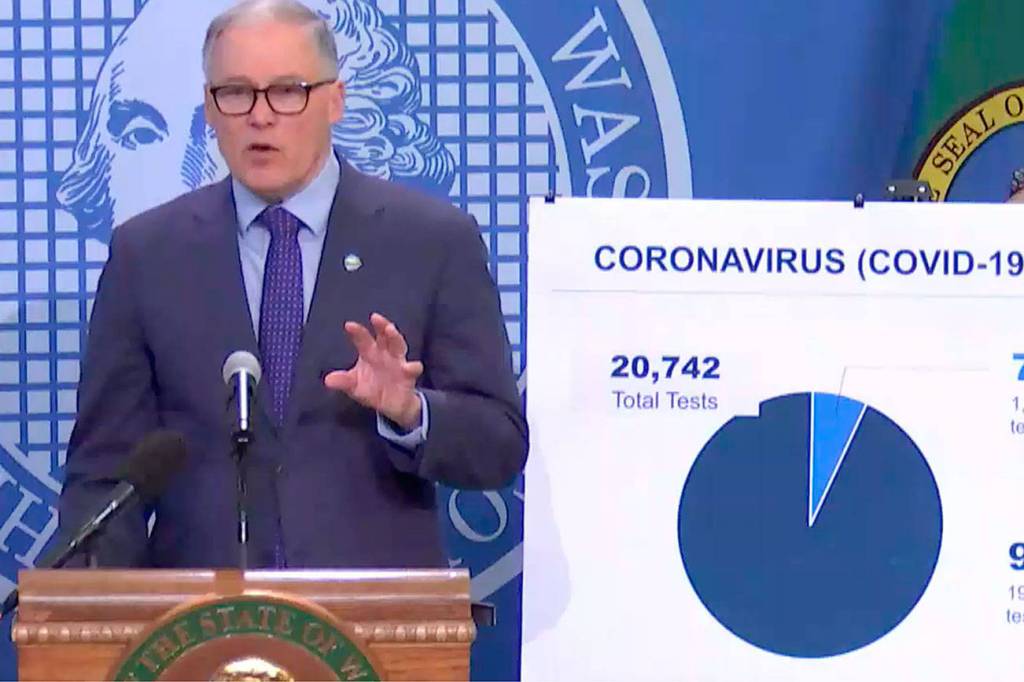 Screenshot of Gov. Jay Inslees press conference from March 20, 2020, on TVW.
