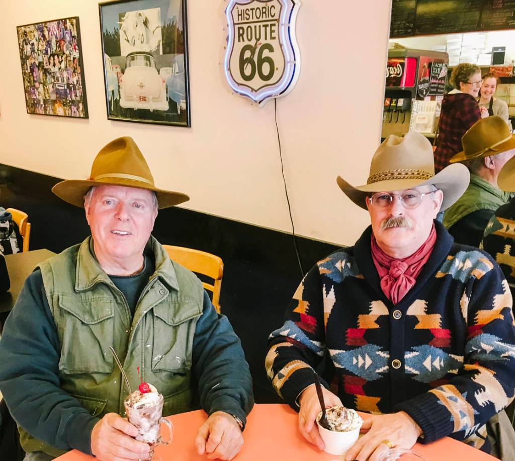 Courtesy photo. Two regulars, Walt Haag & George Goundry, at Blakes Pizzeria enjoying some ice cream cones pre-COVID-19 outbreak.