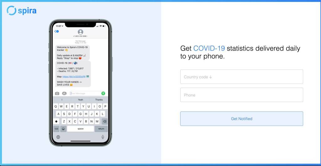 Spiras daily texting service updates users with local, national and global COVID-19 statistics from a variety of sources. Image courtesy of Spira