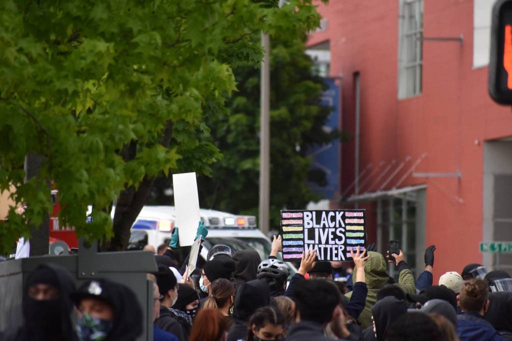Protesters out in Bellevue speaking out against police brutality and the death of George Floyd, Sunday, May 31. Photo by Haley Ausbun/Sound Publishing