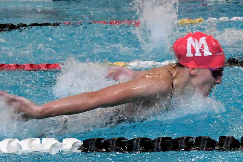 Pictured: A Mercer Island High School swimmer competes in fall 2019. Washington Interscholastic Activities Association recently announced the girls swim and dive season will be moved to Season 3, which begins March 1. File photo