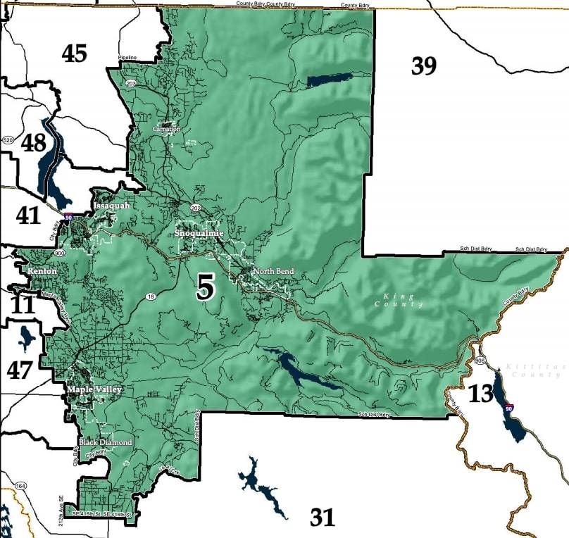 The 5th Legislative District covers a large portion of eastern King County and the Snoqualmie Valley with Issaquah, Renton and Maple Valley on the districts western edge. (Screenshot)