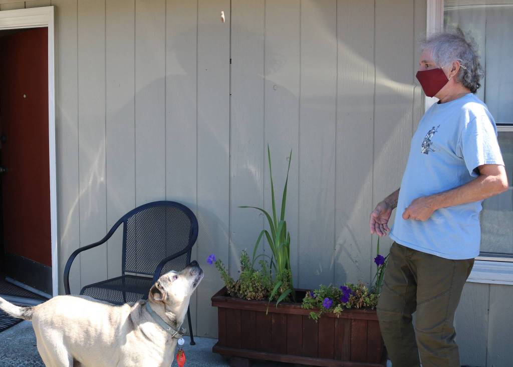 Robert Allen, 61, tosses his dog Jaxx a treat. The pair are inseparable, and Jaxx has become a local celebrity. Theyre living at the North Bend Motel as part of the Snoqualmie Valley Shelter Services voucher program. Aaron Kunkler/staff photo