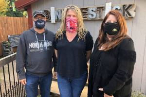 Andy Hobbs / staff photoValley merchants and the cities of North Bend, Snoqualmie and Fall City are co-hosting a Quarantine-O-Ween for Halloween festivities this year. Pictured left to right: Earl Bell, Board President, SnoValley Chamber of Commerce; Rachelle Armstrong, owner of The Bindlestick coffee shop in downtown Snoqualmie; and Kelly Coughlin, director of the SnoValley Chamber.