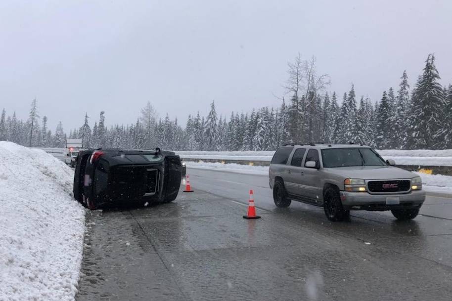 The Washington State Department of Transportation warns that if the road looks bare, wet and slushy, you still need to slow down. Slush can pull your vehicle into a direction you dont really want to go just like this driver found out on Sunday, Jan. 3, 2021. Photo courtesy of WSDOT (@SnoqualmiePass on Twitter)
