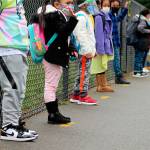 Kindergarten and first grade students line up outside of Panther Lake Elementary in Federal Way on March 15. Olivia Sullivan/the Mirror