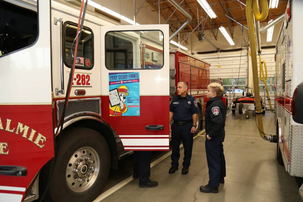 Snoqualmie volunteer firefighter Robert Angrisano, left, and career firefighter Theresa Tozier were both honored with awards during the Snoqualmie Fire Departments annual dinner in March 2021. Contributed by the Snoqualmie Fire Department
