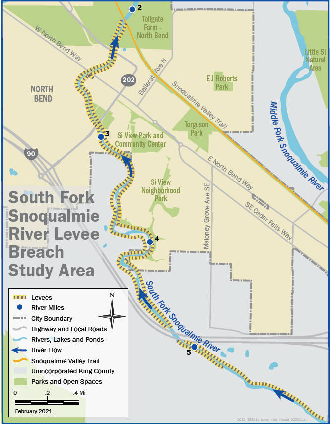 A map of levees in and around North Bend along the Snoqualmie River. King County