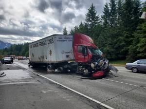 Two semi trucks crashed on westbound I-90 just east of State Route 18 on Tuesday, June 15, 2021. Photo courtesy of Washington State Patrol