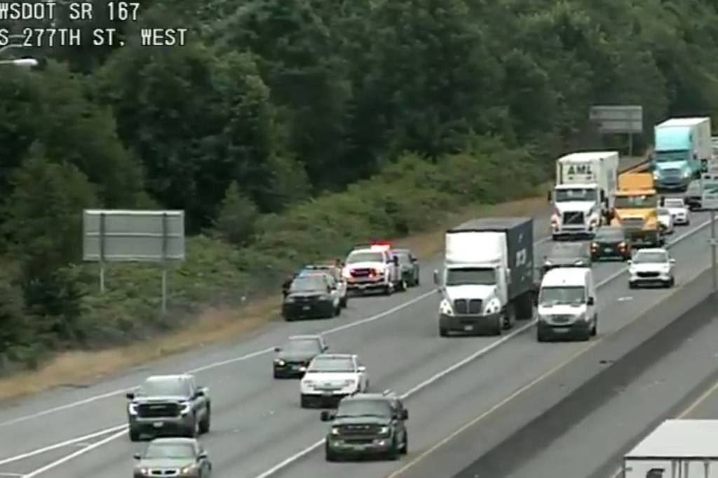 In a Twitter post by WSDOT about 10:30 a.m. Wed., July 7: A vehicle is seen on the shoulder after previously blocking the right lane on northbound SR 167 at South 277th St.