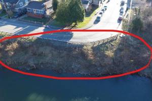 During 2015, post-flood inspections found damage to two sections of an existing river revetment along the Snoqualmie River at the corner of SE River Street and Park Avenue SE in downtown Snoqualmie. Courtesy of the City of Snoqualmie