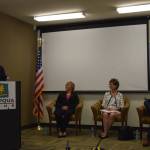 Moderator and Snoqualmie Valley Record General Manager William Shaw speaks to District 3 County Council candidates (left to right) Sarah Perry, Kathy Lambert and Joe Cohen. Photo by Conor Wilson/Valley Record