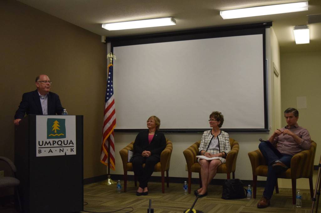 Moderator and Snoqualmie Valley Record General Manager William Shaw speaks to District 3 County Council candidates (left to right) Sarah Perry, Kathy Lambert and Joe Cohen. Photo by Conor Wilson/Valley Record