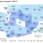 A map of the population growth rate by county between 2020 and 2021. Courtesy of the Washington state Office of Financial Management.