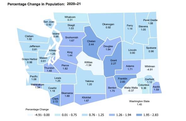 A map of the population growth rate by county between 2020 and 2021. Courtesy of the Washington state Office of Financial Management.