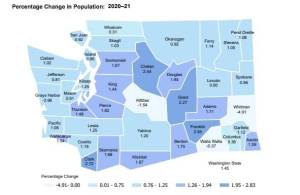 A map of the population growth rate by county between 2020 and 2021. Courtesy of the Washington state Office of Financial Management.