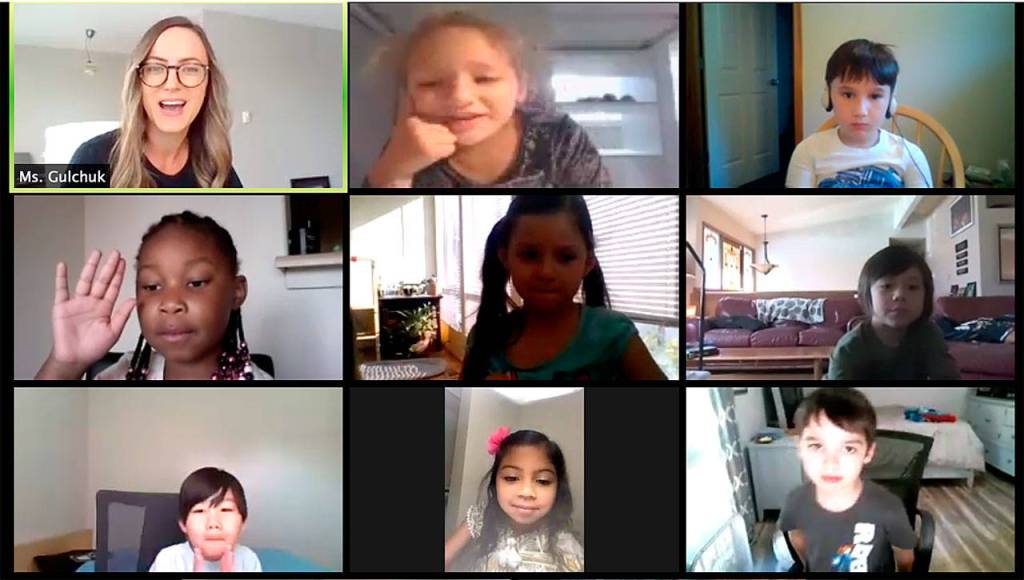 Maria Gulchuk, a teacher in Federal Way, chats with her students via Zoom during online class on in 2020. File photo