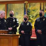 Photo by Conor Wilson/Valley Record
Police Chief Perry Phipps (center), speaks to new hires and promoted sergeants at the Oath of Office ceremony Aug. 9. Pictured left to right: Sgt. Nigel Draveling, Sgt. Jason Weiss. Officers: Pamela Mandery, Ricard Velasquez and James Aquirre.
