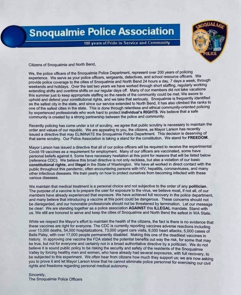 Memo from Snoqualmie Police Association posted on the Departments Facebook page.