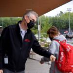 Snoqualmie Valley School District Superintendent Lance Gibbon (left) welcomes Mount Si High School students on their first day of school, Aug. 31. Photo Conor Wilson/Valley Record.