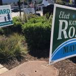 Campaign signs in downtown Snoqualmie for mayoral candidates Peggy Shepard and Katherine Moss. 	Photo by Andy Hobbs/Valley Record