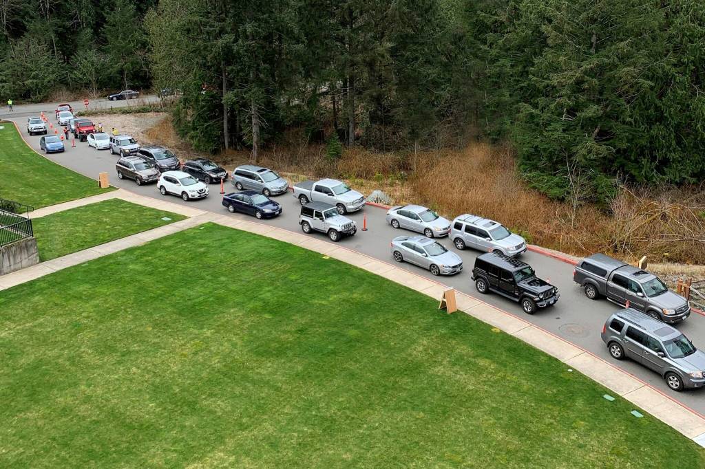 File Photo Contributed by Snoqualmie Valley Hospital
Cars lined up at Snoqualmie Valley Hospital on March 26 as people awaited their first dose of the Moderna COVID-19 vaccine as part of the hospitals first mass vaccination event.
