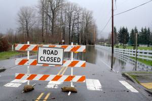 A road closure due to flooding on SE Park Street, Snoqualmie, during the 2016 flood. File photo