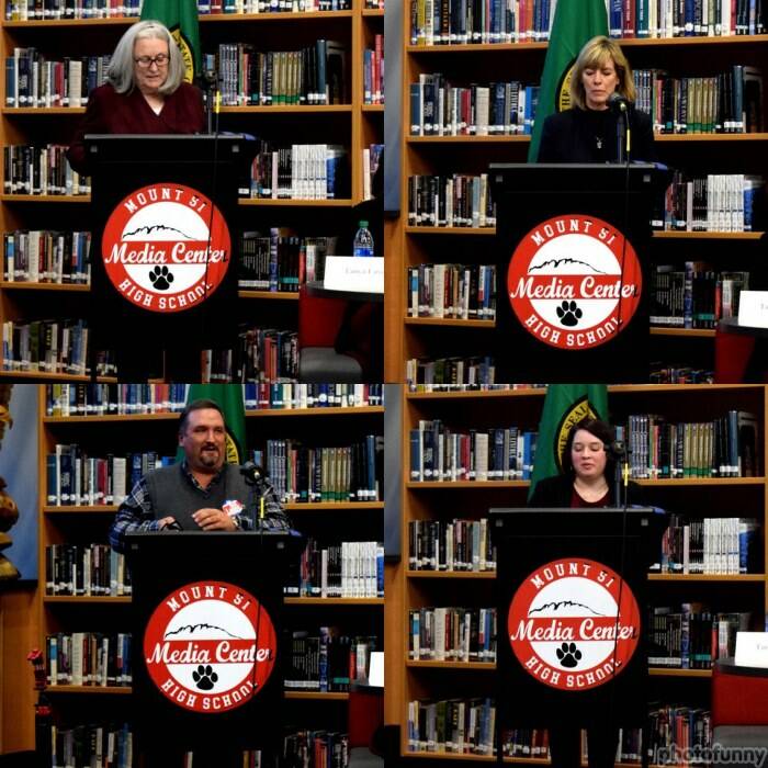 Four candidates giving opening statements at Snoqualmie Valley Chamber of Commerce candidate forum on Oct. 20. Top: Mayor candidates Peggy Shepard (L) and Katherine Ross. Bottom: Council candidates Matt Laase (L) and Tanya Lavoy. Photos by Conor Wilson/Valley Record