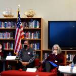 William Shaw, forum moderator and general manager of the Snoqualmie Valley Record, speaks to Snoqualmie candidates at the Snoqualmie Valley Chamber of Commerce Candidate Forum on Oct. 20. From left: William Shaw; council candidates Tanya Lavoy and Matt Laase; mayor candidate Peggy Shepard; King County Councilmember Kathy Lambert; and mayor candidate Katherine Ross. Photo by Conor Wilson/Valley Record