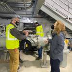 U.S. Rep. Kim Schrier (D-08) speaks with Waste Water Treatment Plant Manager Jeff Leamon while visiting North Bend. Courtesy of the City of North Bend.