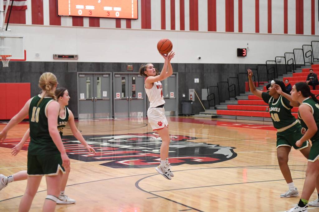 Photo Courtesy of Calder Productions
Junior guard Grace Turley takes a shot in a 73-44 KingCo League tournament first-round victory over Redmond on Feb. 1. The Wildcats finished the tournament 3-1 and move on as the 7 seed in the KingCo/WesCO district tournament.
