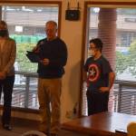 Photo Conor Wilson/Valley Record
MSHS Senior Zachary Miller (right) receives a Student of the Quarter award from Snoqualmie Mayor Katherine Ross (L) and North Bend Mayor Rob McFarland, at the Snoqualmie Valley Rotary Club meeting on Feb. 10.