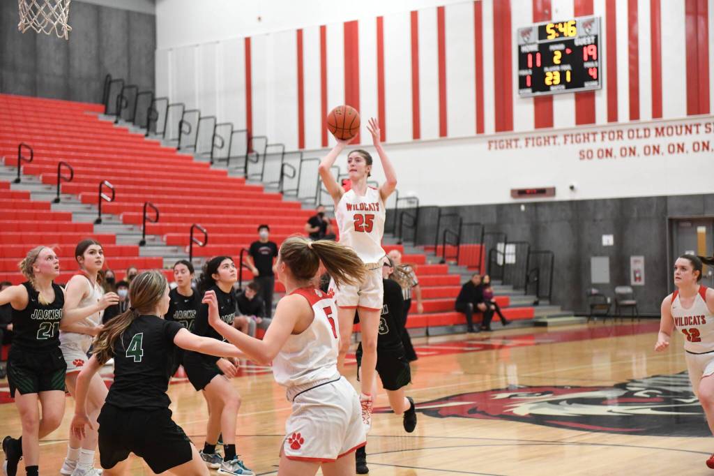 Photo courtesy of Calder Productions. MSHS Senior Lauren Glazier takes a shot in the Wildcats 63-41 win over Jackson High School in the first round of the KingCo/WesCo District Tournament. The Wildcats will play Inglemoor in an elimination game on Feb. 15, after a 57-58 overtime loss against one of the states top ranked teams, Lake Stevens, last week.