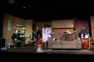 Photo courtesy of Rosalind Chaffee. Actors rehearsing for Valley Center Stages performance of Tiny Beautiful Things. From left: Rene Schuchter, Jen Anderson, Robin Walbeck-Forrest, and Peter Cook.
