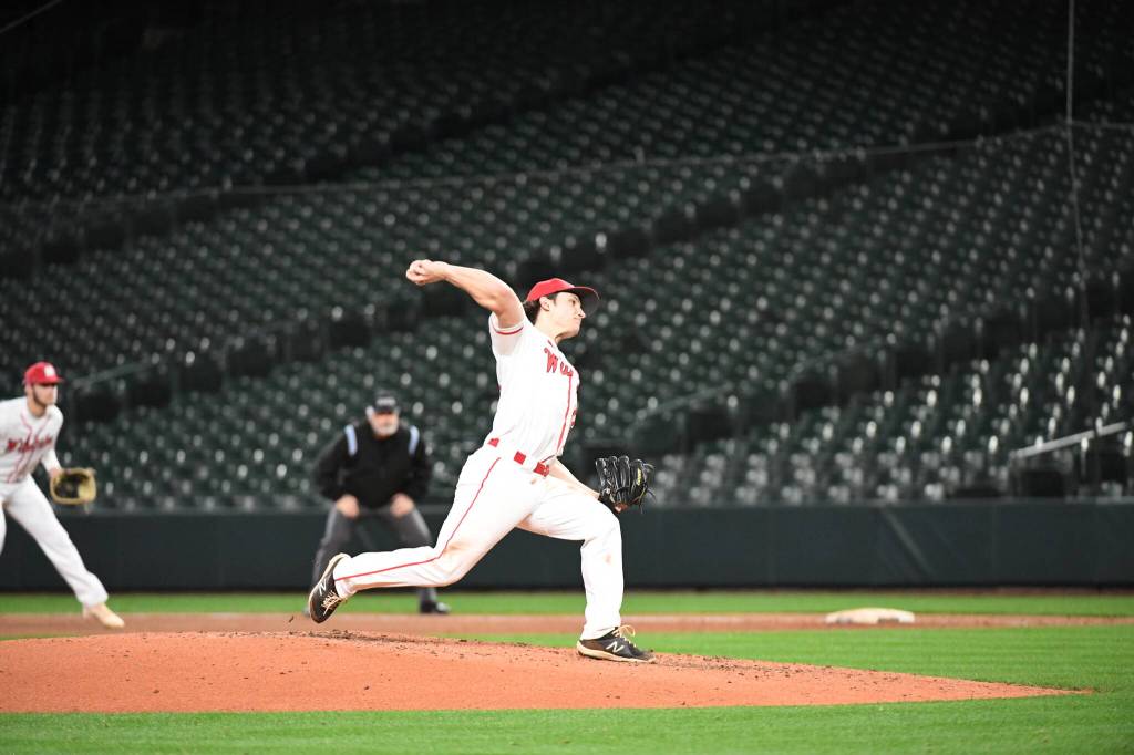 Photo courtesy of Calder productions. Senior Christian Jarocki throws a pitch against Eastside Catholic on March 19.